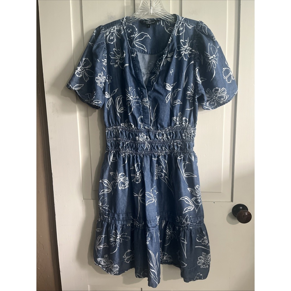 Velvet Heart Women's Floral Cotton Denim Dress V Neck Empire Waist Sz Small